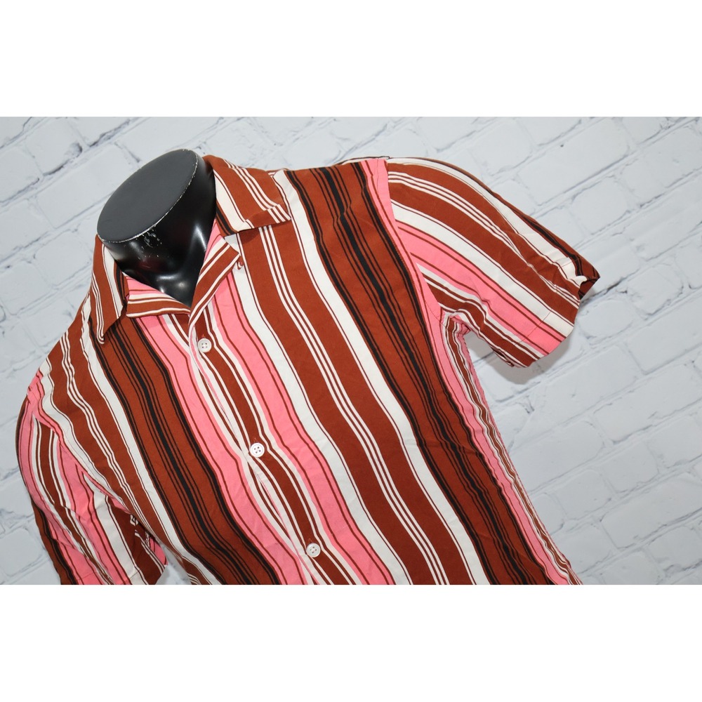Express Button Up Shirt Mens XS Pink Red Vertical Striped Hawaiian Rayon
